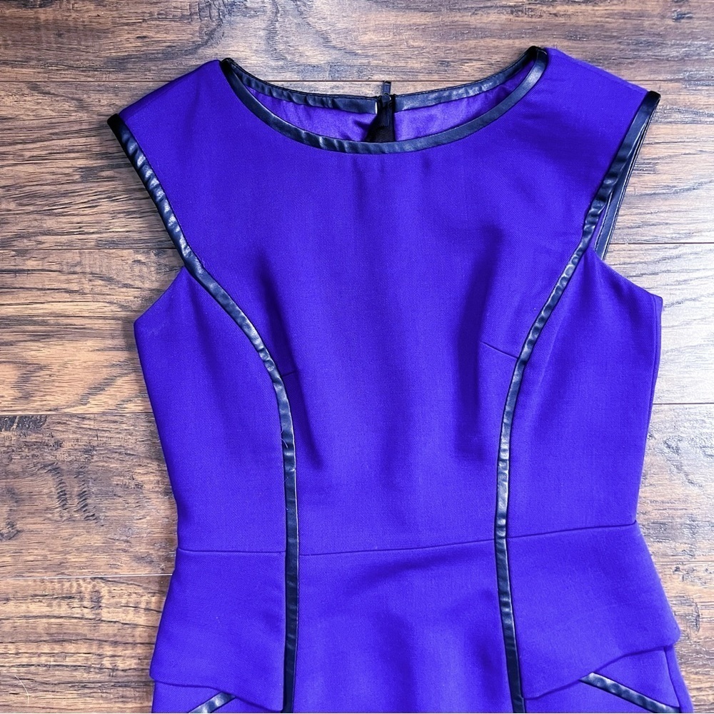 MILLY • Pipe-Trim Peplum Dress purple stretch wool black vegan leather - Picture 3 of 11